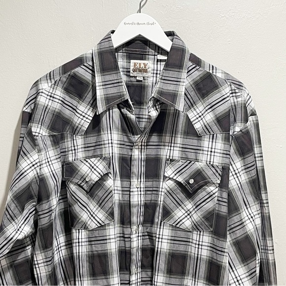ELY CATTLEMAN Men’s Black White Plaid Pearl Snap Long Sleeve Western Shirt XXL - Picture 2 of 9